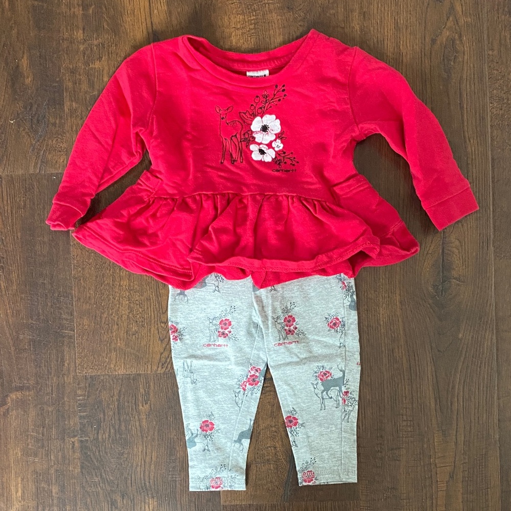 Carhartt Red Peplum Top & Gray Floral Deer Leggings Set